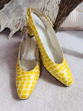 Yellow Leather Croc-Embossed Slingback Heels by Thomas Wallace